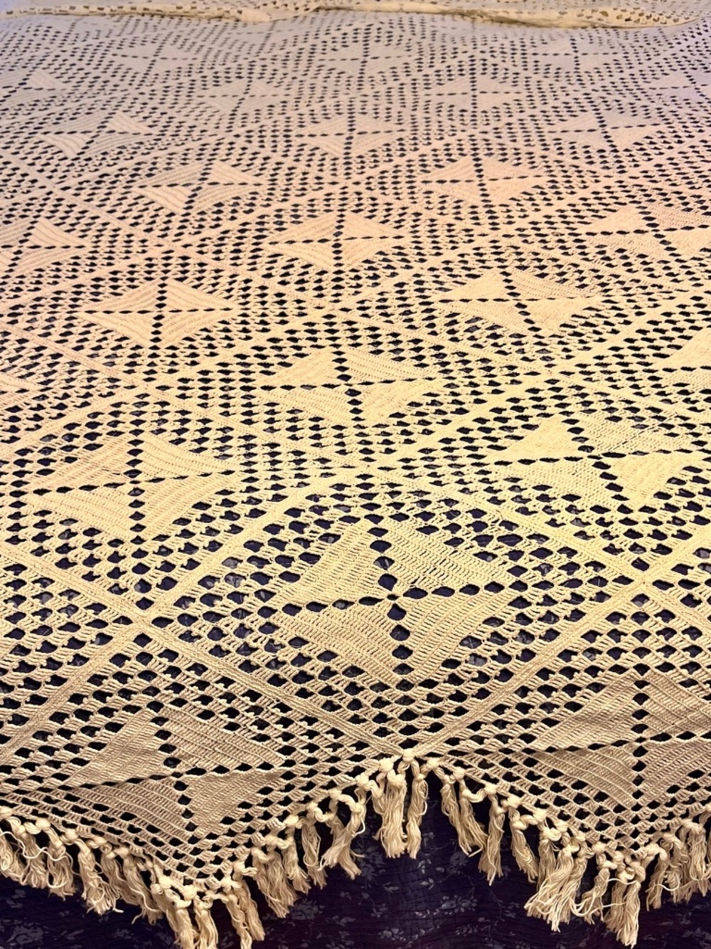 Handmade Crochet Throw Blanket in Beige and Navy
